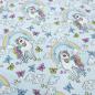 Preview: Stoff Baumwolle Jersey "dreaming unicorn" Einhorn Regenbogen Herzen hellblau bunt Kinderstoff Kleiderstoff