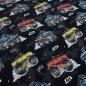 Preview: Stoff Baumwolle Jersey Burnout Monstertrucks Autos schwarz bunt Kinderstoff Kleiderstoff Meterware