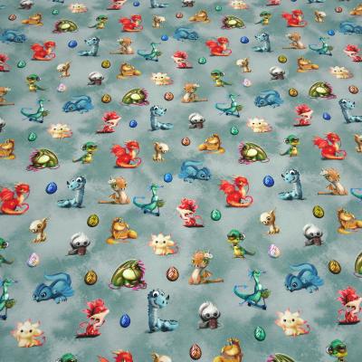 Fabric cotton jersey Cute Dragons dragon design gray-green green gray blue red colorful children's fabric dress fabric