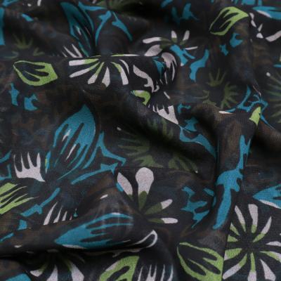 Fabric chiffon blouse fabric floral pattern leaves design black petrol brown green white dress fabric