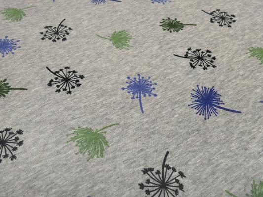 Stoff Sweatshirtstoff mit Alpenfleece Abseite mit Pusteblumen Design grau melange grün blau schwarz Kinderstoff Kleiderstoff Hoodiestoff