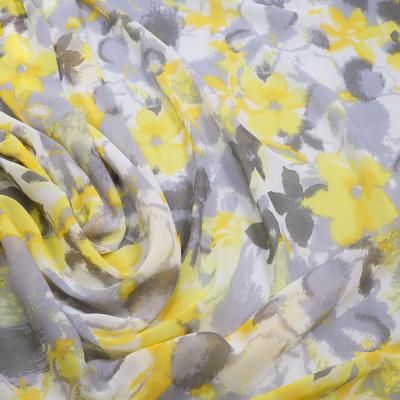 Fabric chiffon with watercolor flowers design light gray yellow ecrú blouse fabric dress fabric