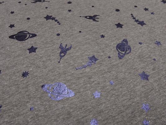 Fabric sweatshirt fabric foil print design stars planets rockets space taupe-brown blue shiny children's fabric dress fabric