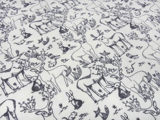 Fabric Organic cotton jersey forest animals deer hares foxes design white gray dress fabric children's fabric