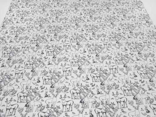 Fabric Organic cotton jersey forest animals deer hares foxes design white gray dress fabric children's fabric