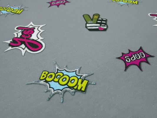 Fabric jersey stickers emojis ornaments "boom" design gray black white yellow dress fabric