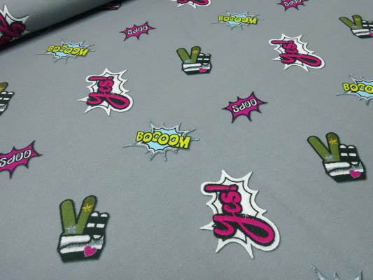 Fabric jersey stickers emojis ornaments "boom" design gray black white yellow dress fabric