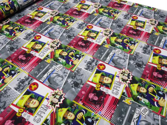 Fabric cotton jersey with license print Fireman Sam black white colorful children's fabric dress fabric