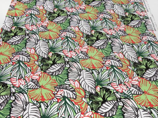 Fabric viscose jersey with flowers leaves design white green red gray black dress fabric