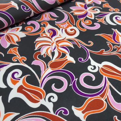 Fabric viscose jersey floral pattern design gray orange purple pink white dress fabric