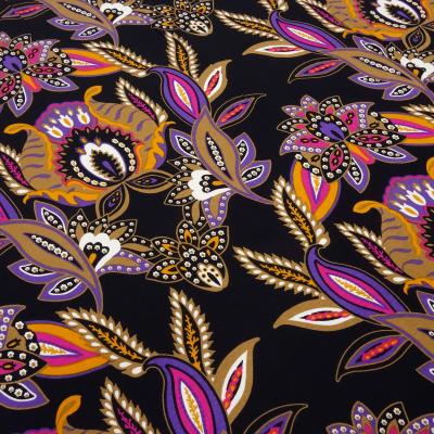 Fabric viscose jersey with floral pattern design black purple orange beige pink white dress fabric