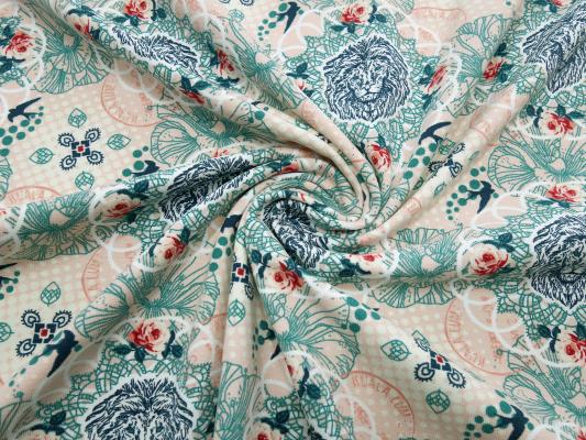 Fabric Tante Ema cotton jersey lion love apriko mint green colorful dress fabric children's fabric