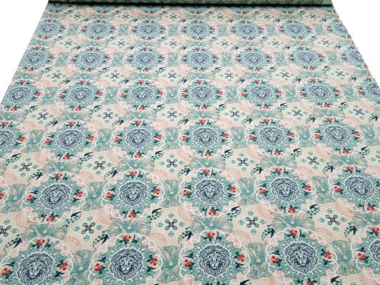 Fabric Tante Ema cotton jersey lion love apriko mint green colorful dress fabric children's fabric