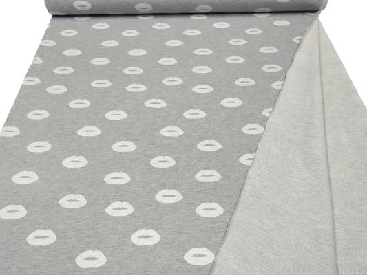 Fabric sweatshirt French Terry glitter lips design light gray melange white silver dress fabric