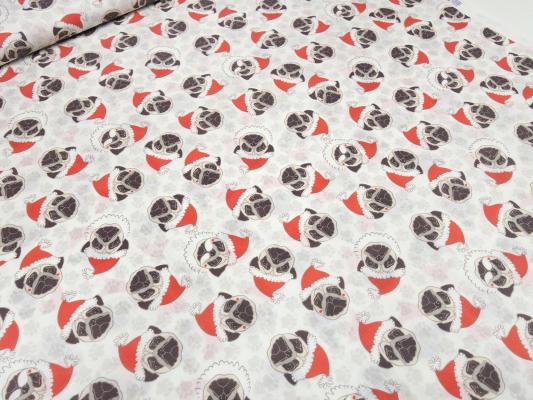 Fabric cotton poplin with Xmas Christmas pugs bulldog dog design ecrú red beige black dress fabric blouse fabric decoration fabric