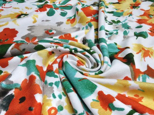 Fabric viscose jersey floral design white green yellow orange taupé floral dress fabric children's fabric