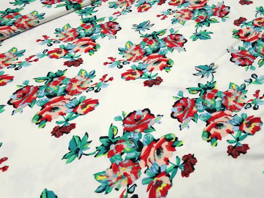 Fabric viscose jersey flowers roses design wool white green red pink yellow blue dress fabric