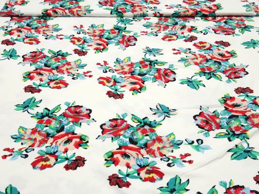 Fabric viscose jersey flowers roses design wool white green red pink yellow blue dress fabric