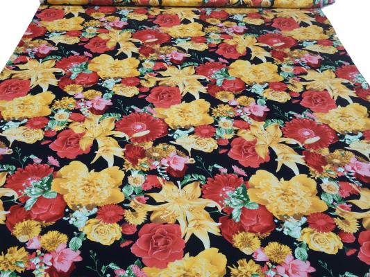 Fabric viscose jersey flowers roses design red gold yellow black colorful dress fabric