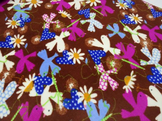 Fabric Microfleece Wellnessfleece with birds hearts flowers design brown pink blue white colorful children's fabric decoration fabric clothing fabric