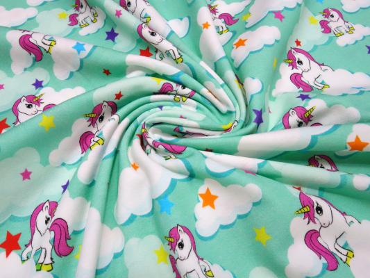 Stoff Baumwolle Jersey mit Einhorn Sterne Wolken Design mint grün weiß bunt Kinderstoff Kleiderstoff