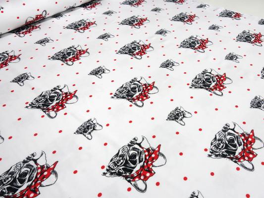 Fabric cotton jersey with dogs Franz. Bulldog pug dots dots design white red black children's fabric dress fabric