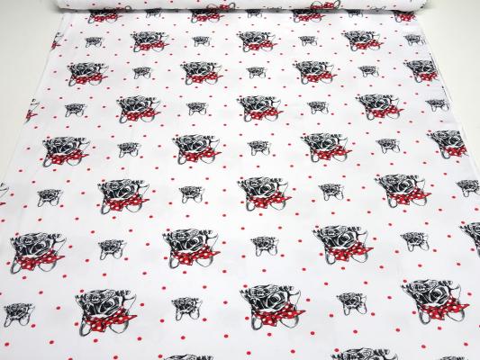 Fabric cotton jersey with dogs Franz. Bulldog pug dots dots design white red black children's fabric dress fabric