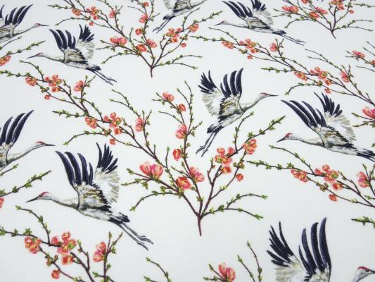 Fabric cotton sweatshirt fabric with storks birds blossoming trees design offwhite red green black white dress fabric hoodie fabric