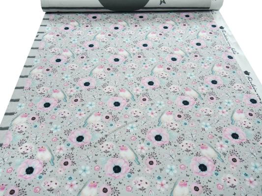 Stoff Baumwolle Jersey Panel Vögel Blumenmuster Design grau rosa blau weiß bunt Kinderstoff Kleiderstoff 0,75 m x 1,40 m