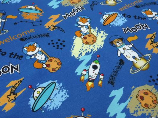 Fabric cotton jersey with space teddy bear Ufo Moon design blue brown yellow colorful children's fabric dress fabric