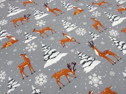 Fabric cotton jersey with deer deer ice crystals snowflakes design gray brown white colorful children's fabric dress fabric