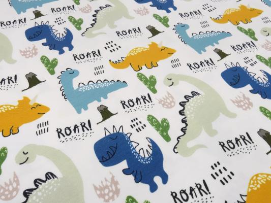 Fabric cotton jersey dino dinosaur design sand beige blue gray green yellow colorful Miss by Julie children's fabric dress fabric