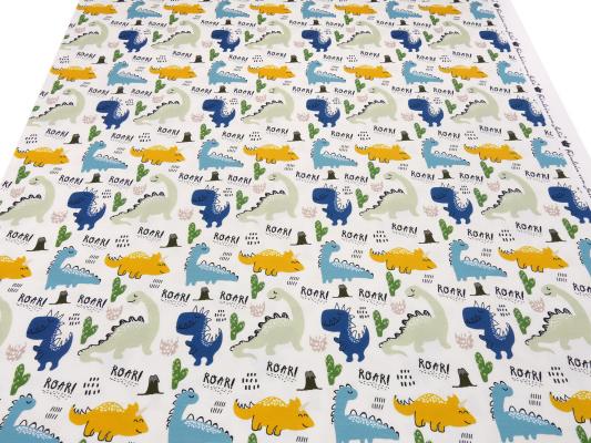 Fabric cotton jersey dino dinosaur design sand beige blue gray green yellow colorful Miss by Julie children's fabric dress fabric