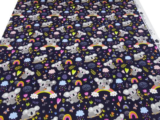 Fabric cotton jersey with koala bear design navy blue grey colourful children's fabric dress fabric