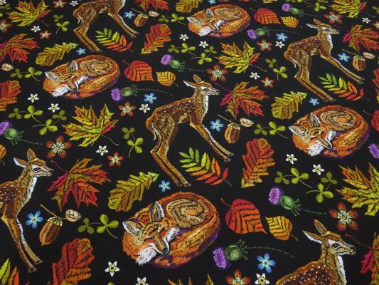 Stoff Baumwolle Jersey mit Waldtiere Rehe Füchse Blätter Herbst Design schwarz orange braun grün bunt Kinderstoffe Kleiderstoffe