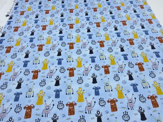 Fabric cotton jersey with monster design turquoise colorful children's fabric dress fabric