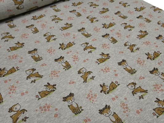 Fabric sweatshirt fabric with alpine fleece offside with deer fawn design gray melange brown colorful children's fabric clothing fabric hoodie fabric