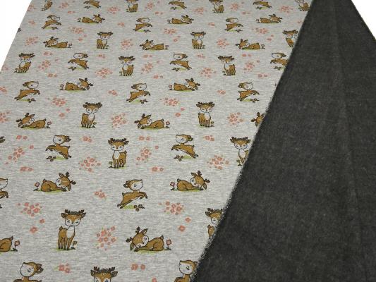 Fabric sweatshirt fabric with alpine fleece offside with deer fawn design gray melange brown colorful children's fabric clothing fabric hoodie fabric