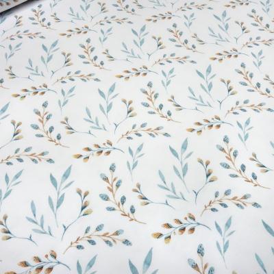 Fabric cotton French Terry sweatshirt fabric palm kitten leaves flowers blossoms buds design white ice blue brown dress fabric children's fabric