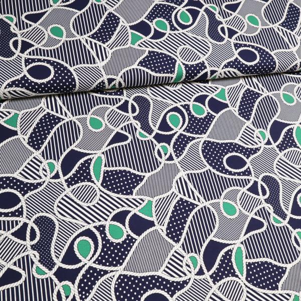 Fabric viscose jersey with nautical dots stripes cord design navy blue green white black dress fabric kids fabric