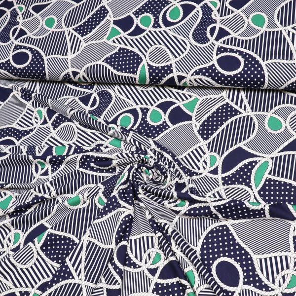 Fabric viscose jersey with nautical dots stripes cord design navy blue green white black dress fabric kids fabric