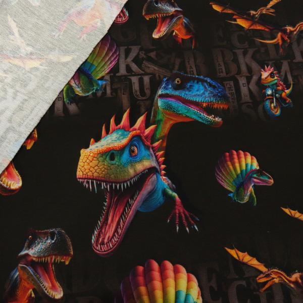 Stoff Baumwolle French Terry Sommersweatshirtstoff Dinos Dinosaurier T-Rex Design schokobraun multicolor bunt Kinderstoff Kleiderstoff