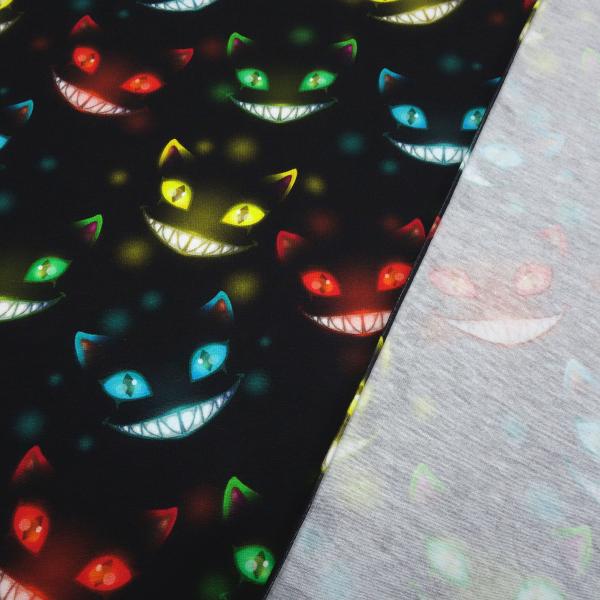 Fabric cotton jersey Ghost Cats Grinsekataze design black red turquoise yellow green children's fabric dress fabric