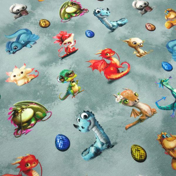 Fabric cotton jersey Cute Dragons dragon design gray-green green gray blue red colorful children's fabric dress fabric