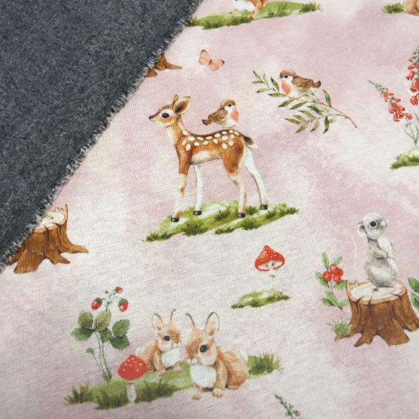 Stoff Sweatshirtstoff Alpenfleece Abseite Waldtiere Rehe Füchse Pilze Hasen Design rosa bunt Kinderstoff Kleiderstoff