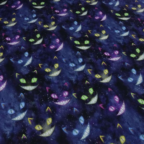 Fabric sweatshirt fabric alpine fleece side Ghost Cats Grinsekatze design blue purple colorful children's fabric dress fabric