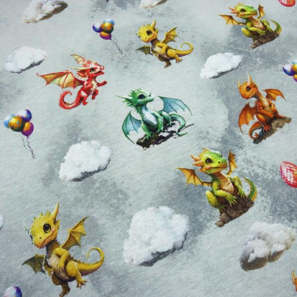 Fabric sweatshirt fabric with alpine fleece side Cute Dragons dragon design gray red yellow green blue colorful children's fabric dress fabric