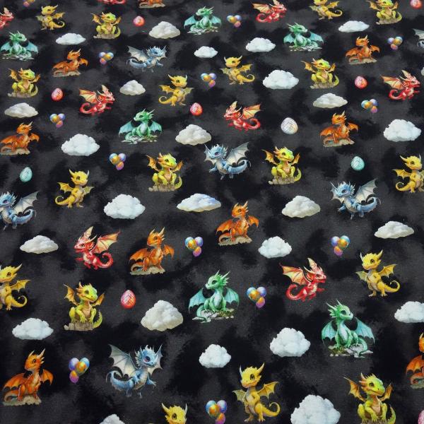 Fabric sweatshirt fabric with alpine fleece side Cute Dragons dragon design black gray red yellow green blue colorful children's fabric dress fabric