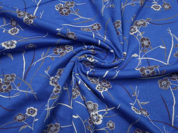 Stoffreststück 21 cm x 155 cm Viskose Jersey Blumen Design royalblau braun grau weiß Kleiderstoff