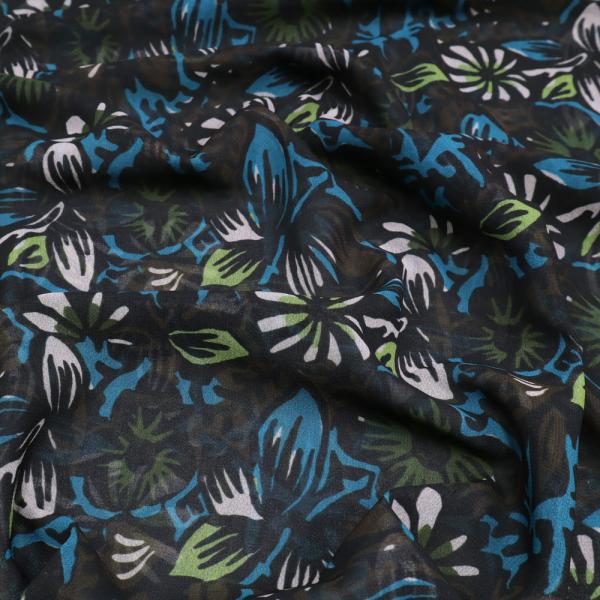 Fabric chiffon blouse fabric floral pattern leaves design black petrol brown green white dress fabric